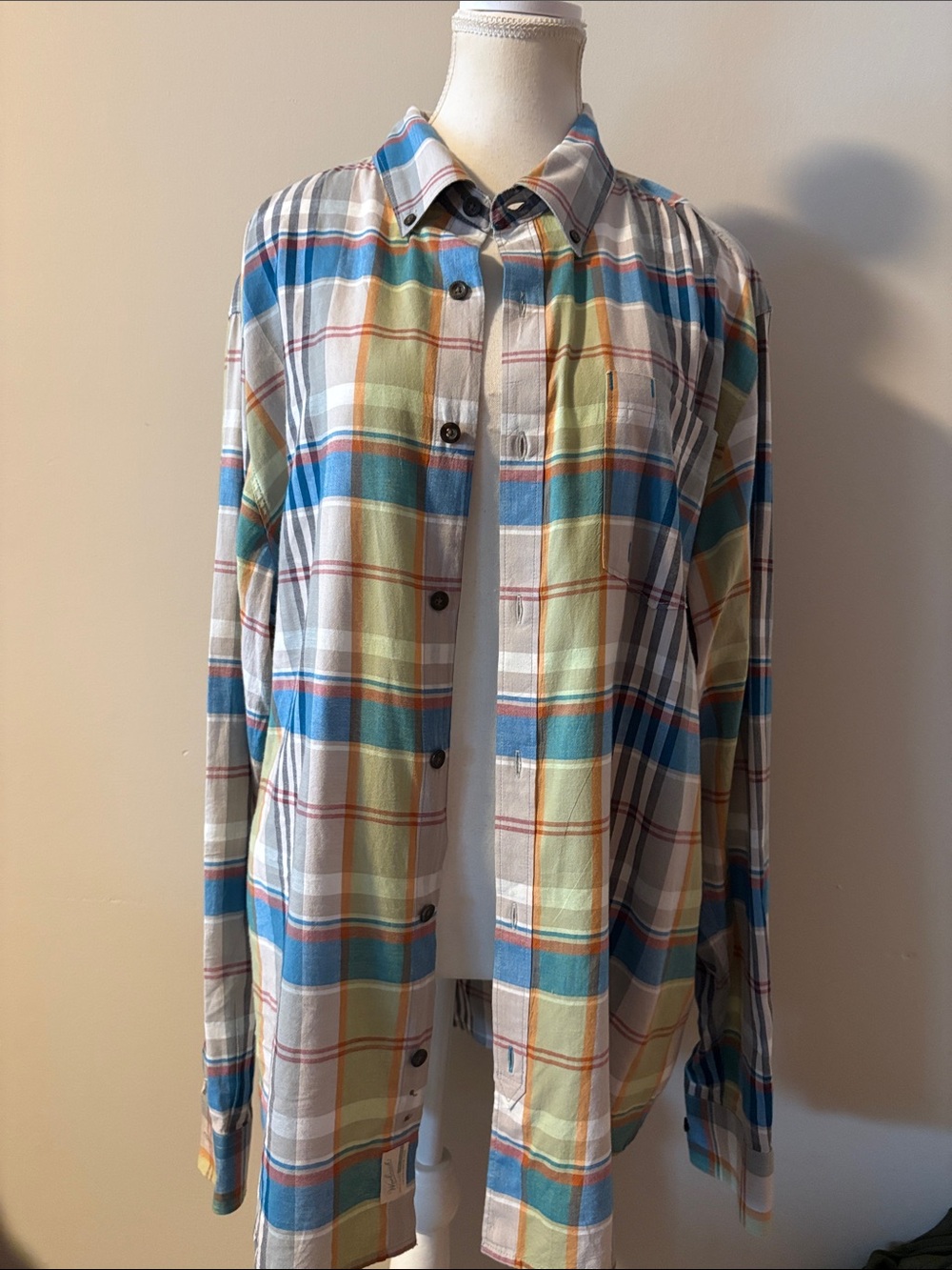 Woolrich 100% Organic Cotton Plaid Button-Down Long Sleeve Blue Green Shirt. XL